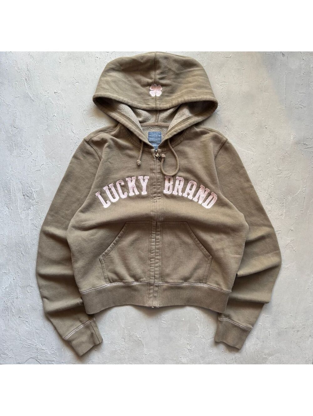 Vintage Y2K Lucky Brand Brown Pink Spellout Full Zip Hoodie Womens L